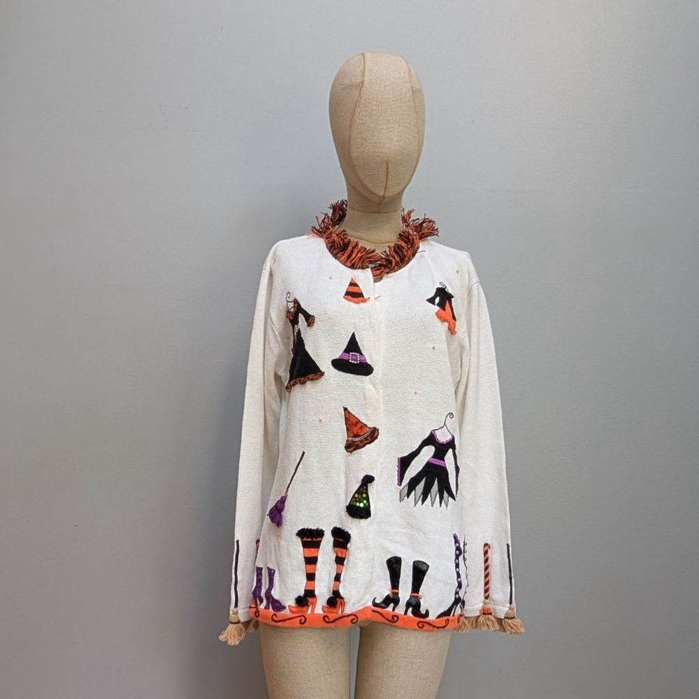 JTwo New York Vintage Witchy Halloween White Orange Cardigan - Medium - Picture 2 of 10